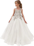 Festzugskleider für Mädchen, Spitzenapplikation, Blumenmädchenkleid, Tüll, Festzugskleid für Mädchen, lang, ärmellos, Prinzessinnen-Party-Ballkleid 