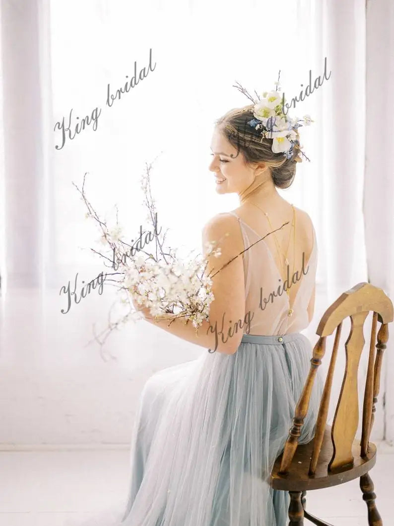 Vestidos de novia de tul con encaje, vestido de novia azul, vestido de novia sencillo, vestidos de noche de graduación, vestido formal, mujer elegante 