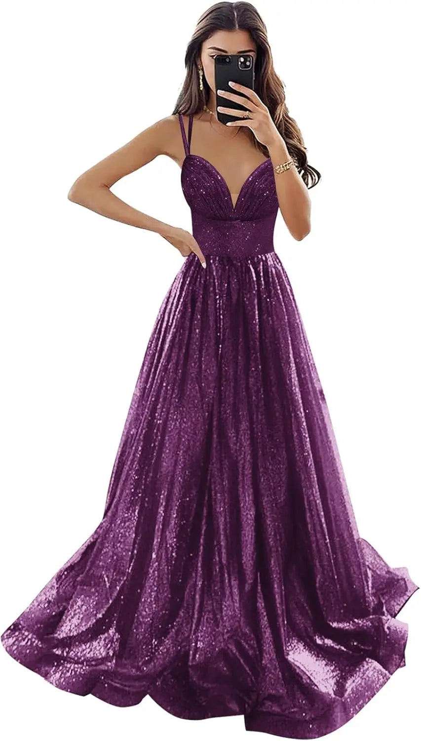 Vestido de fiesta de tul brillante con bolsillos, tirantes finos, corsé fruncido, largo, formal, para noche, vestidos de fiesta para mujer, noche 