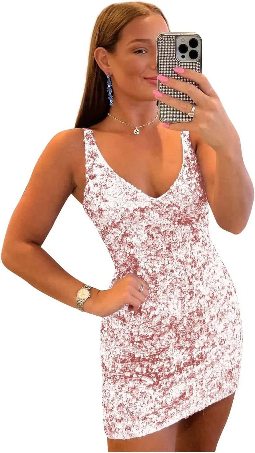 Kurze Pailletten-Heimkehrkleider für Teenager 2025 V-Ausschnitt funkelndes formelles Abschlussball-Partykleid Cocktailkleider Abschlussballkleider 