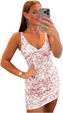 Vestidos cortos de lentejuelas para adolescentes (2025), cuello en V, brillantes, para fiesta formal de graduación, cóctel o club. 