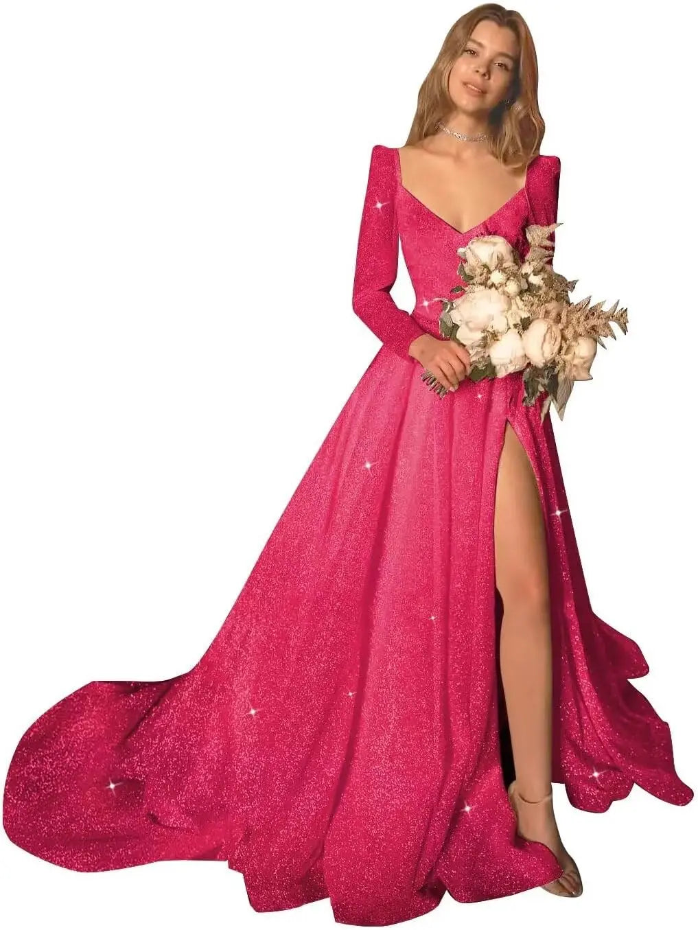 Glitter Prom Dresses Simple Long Sleeve Wedding Dresses for Bride A Line Princess Ball Gown with Slit simple wedding dress