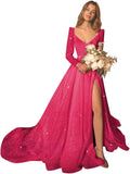 Glitter Prom Dresses Simple Long Sleeve Wedding Dresses for Bride A Line Princess Ball Gown with Slit simple wedding dress