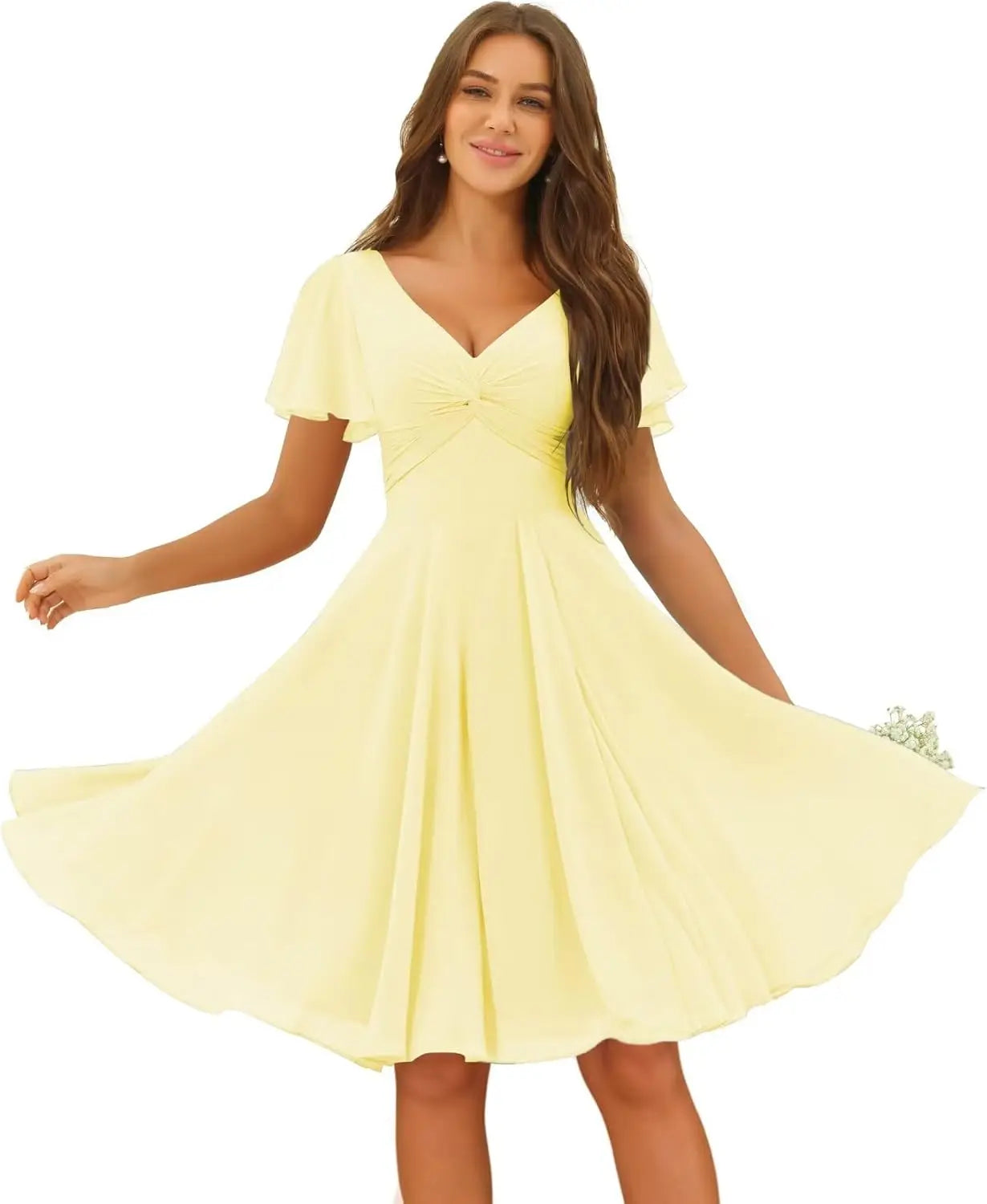 Women's Pleated Chiffon Flutter Sleeves Junior Bridesmaid Dresses with Pockets V Neck Short Formal Dress Wedding Party Gowns