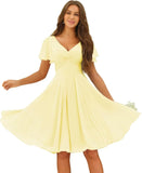 Women's Pleated Chiffon Flutter Sleeves Junior Bridesmaid Dresses with Pockets V Neck Short Formal Dress Wedding Party Gowns