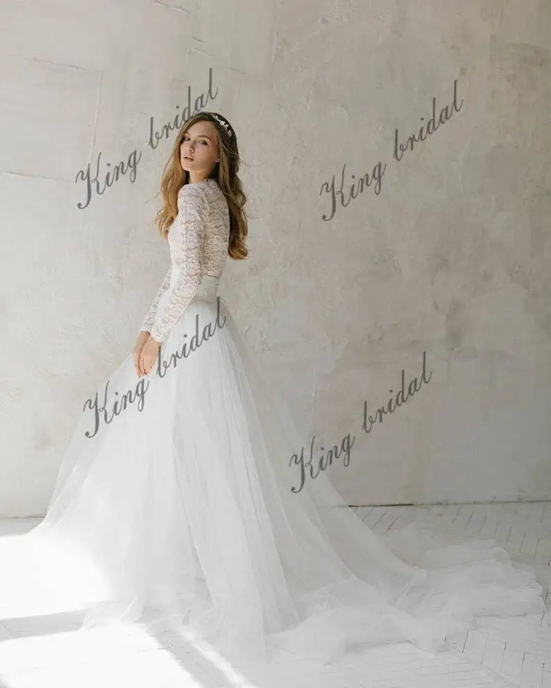 Off white tulle wedding dress lace wedding gown bohemian bridal separates Two piece  simple wedding dresses