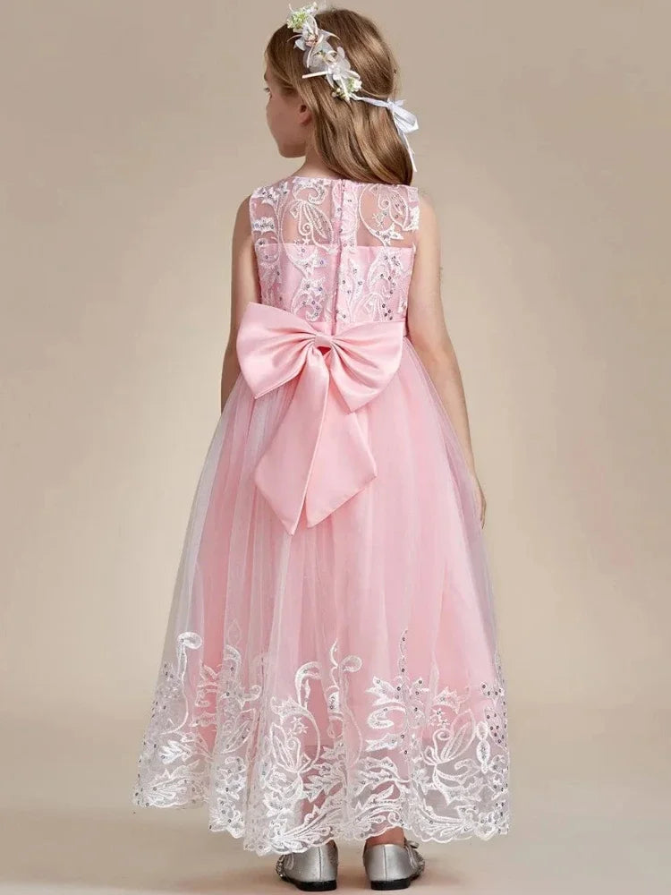 Pink Sequin White Appliques With Bow Sleeveless For Wedding Birthday Party Holy Communion Gowns Flower Girl Dresses