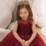 Burgundy Tulle Puffy Floral Appliques Sleeveless For Wedding Party Birthday Banquet Princess Gown Customized Flower Girl Dresse