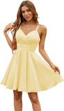 Vestidos de satén con escote en V para adolescentes, vestidos cortos de fiesta de graduación, tirantes finos, vestidos de cóctel con bolsillos, vestidos de dama de honor 
