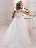 Apliques de encaje abullonado de tul blanco con cinturón rosa sin mangas para bodas, fiestas de cumpleaños, vestidos de primera comunión, vestidos de niña de las flores 