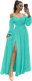 Vestido de dama de honor de manga larga para mujer, con tirantes finos, para invitada de boda, con abertura y bolsillos, vestido formal fruncido. 