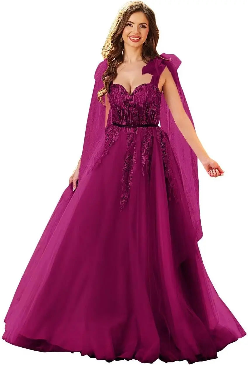 Vestidos de fiesta de tul con apliques de encaje para mujer, tirantes finos ajustables, vestidos de gala largos de corte A, vestidos de noche, vestidos de fiesta 