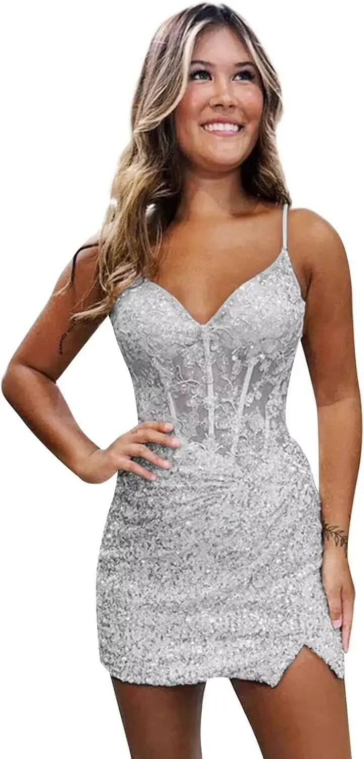 Sparkly Sequin Homecoming Dresses for Teens Short Tight Appliques Mini Formal Prom Cocktail Gown 2025 Wedding Party Dresses