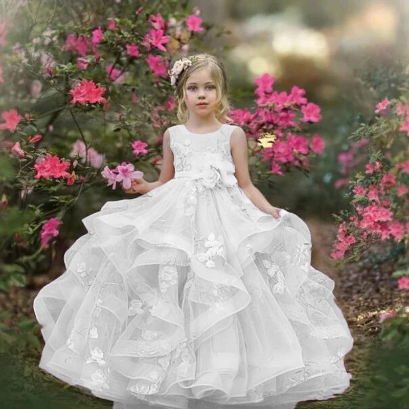 3D Floral Appliques Floor Length Girl Kids Birthday Party First Holy Communion Gown Ruffles Flower Girl Dresses for Wedding