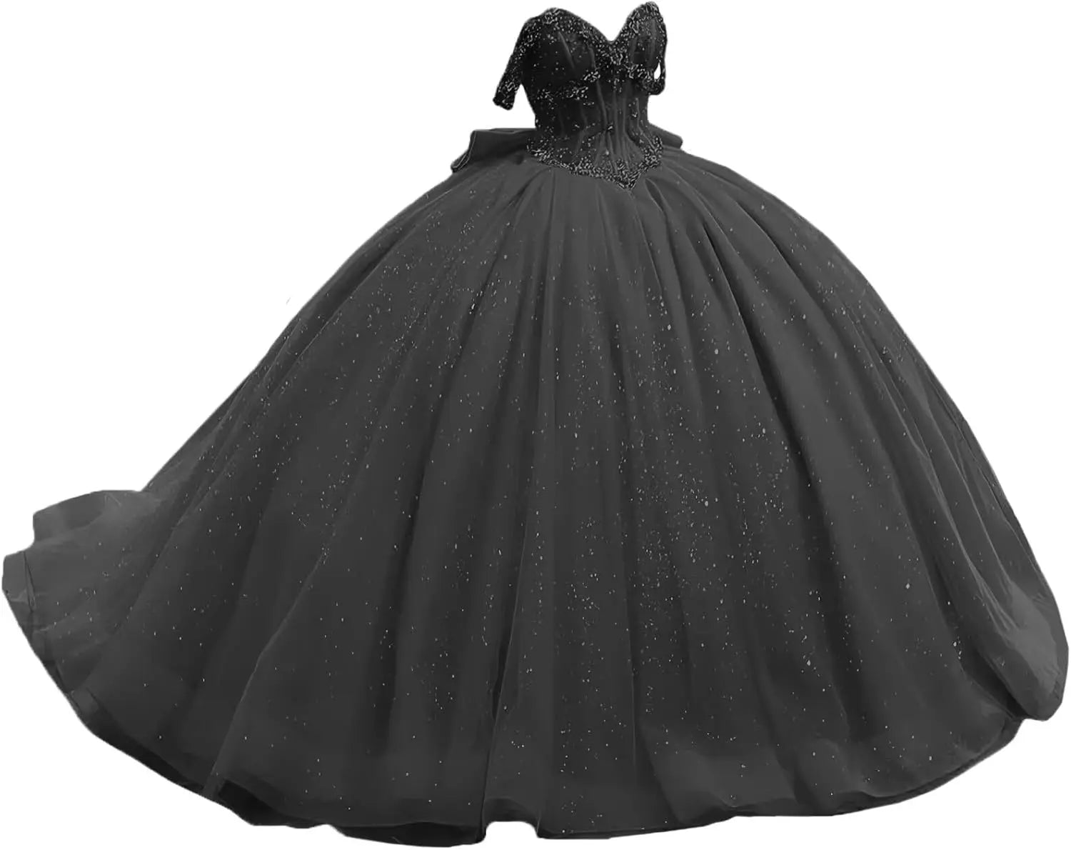 Off Shoulder Beaded Quinceanera Dresses Glitter Tulle Prom Dress Butterfly Appliques Sweet 16 Dresses with Bow