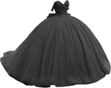Off Shoulder Beaded Quinceanera Dresses Glitter Tulle Prom Dress Butterfly Appliques Sweet 16 Dresses with Bow