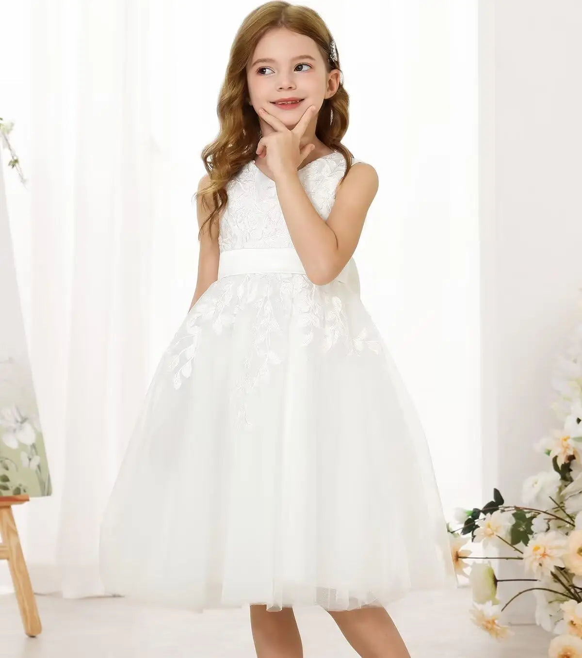 Lace Flower Girl Dresses for Wedding Kids Puffy Tulle Communion Dress Pageant Party Prom Ball Gowns with Bow Knot