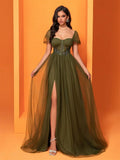 Elegant Short Sleeve Tulle Slit Evening Dresses 2027 Women Long Luxury Mermaid Formal Bridesmaid Party Maxi Prom Graduation Gown