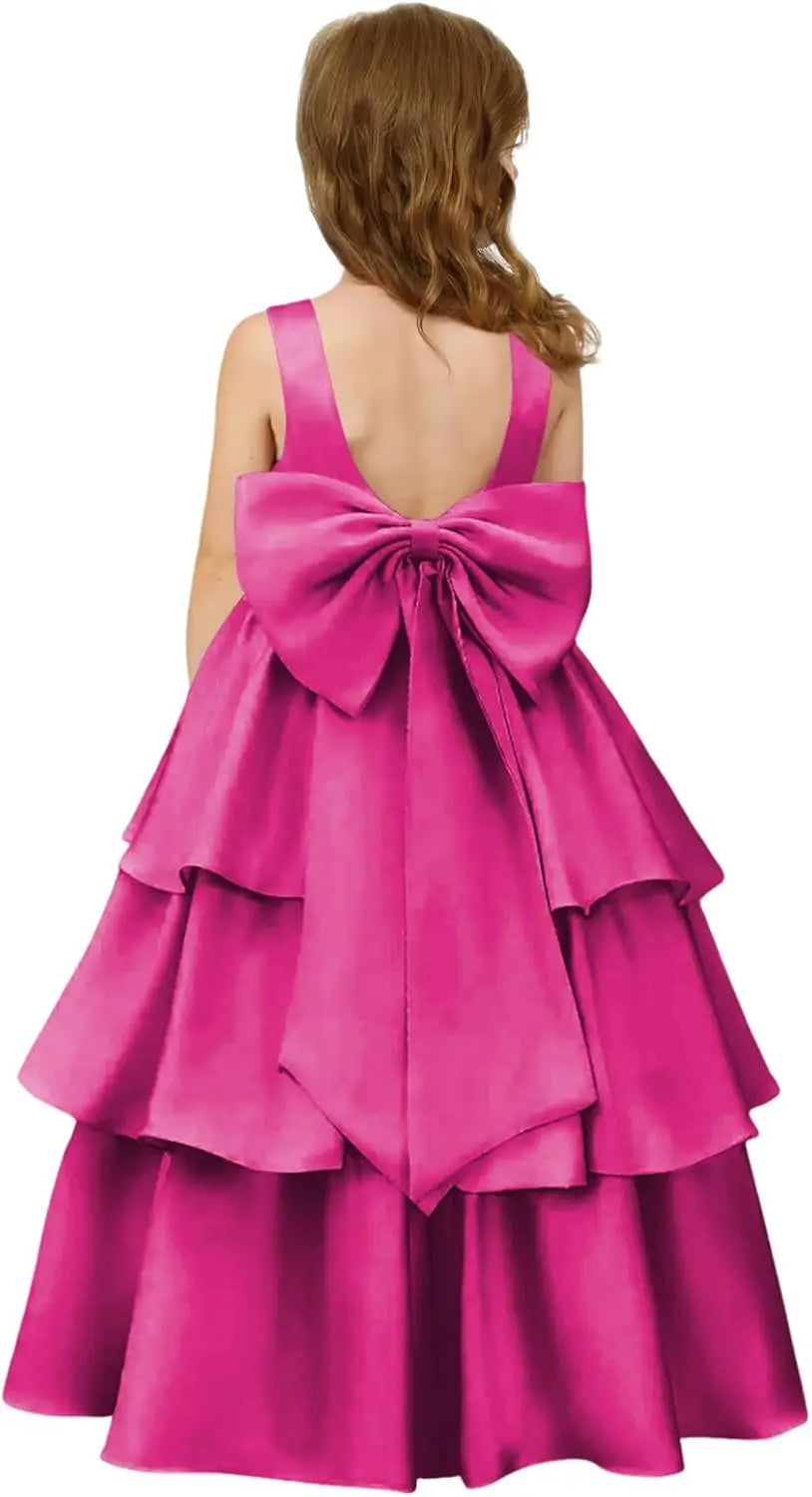 Girls Crewneck Layers Flower Girl Satin Pageant Dress with Bow Knot Backless Birthday Party Formal Dress princess dress