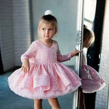Vestido de princesa con cuello en V para niña, para fiesta de cumpleaños, primera comunión, precioso vestido de niña de las flores para boda, lazo, lentejuelas, volantes 