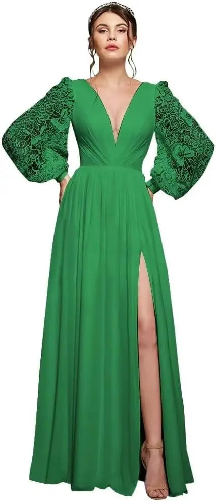 Langärmliges Brautjungfernkleid, Chiffon, Ballkleid, langes Hochzeitskleid mit Spitzenapplikation, V-Ausschnitt, formelle Kleider mit Schlitz 