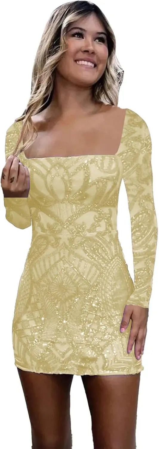 Vestidos de fiesta de manga larga con lentejuelas y encaje para mujer, cortos, ajustados, brillantes, con escote cuadrado, para cóctel o fiesta. 