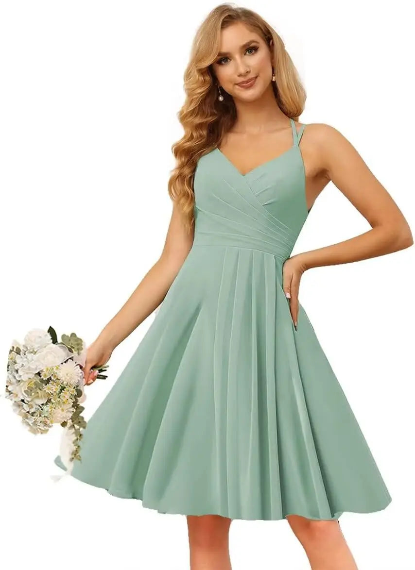 Chiffon V Neck Bridesmaid Dress with Pleated Bodice A Line Chiffon Short Prom Homecoming Dress for Women cocktail dresses