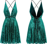 Vestido de lentejuelas para mujer, con tirantes finos, sexy, escote en V profundo, sin espalda, con purpurina, para fiesta, club, estilo patinador, minivestido de cóctel 