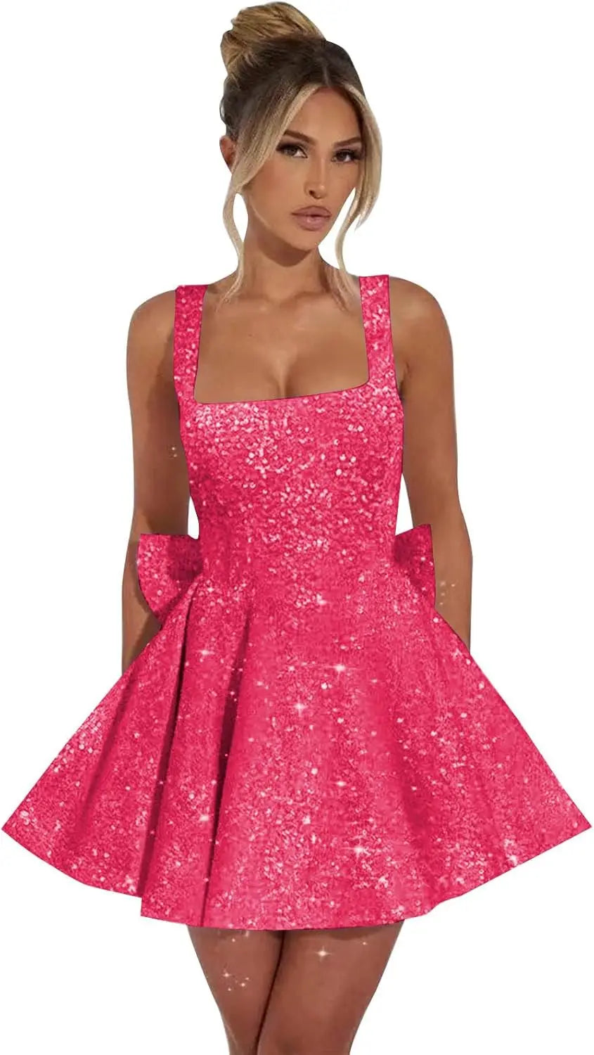 Vestidos de fiesta de graduación con lentejuelas brillantes para adolescentes, con lazo, cortos y abullonados.