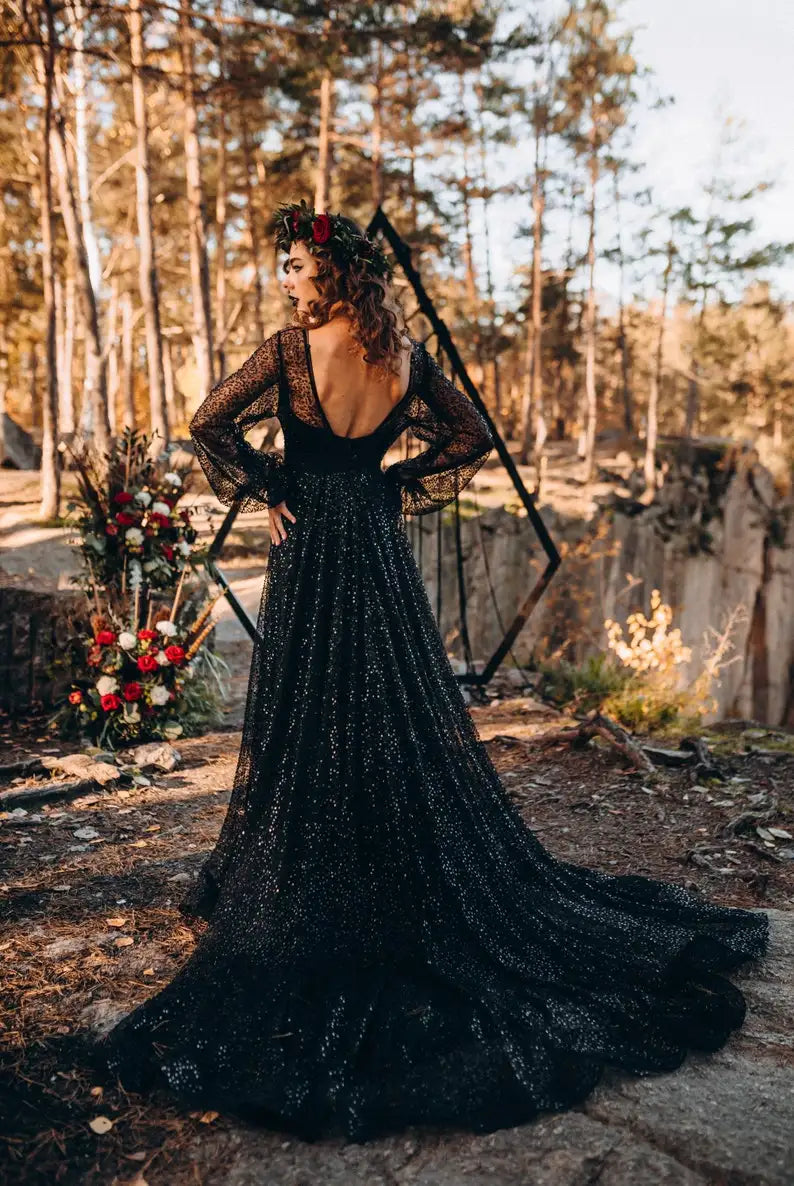 Sequin A-Line Black Wedding Dress for Bride- Black Sparkle Wedding Go
