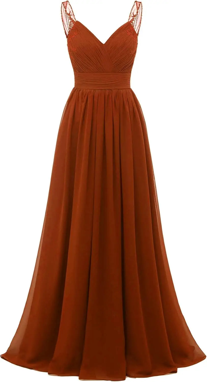 Chiffon-Spitze Brautjungfernkleider lang für Damen V-Ausschnitt Plissee Tüll Träger A-Linie Abschlussball Abend Hochzeit formelle Kleider 