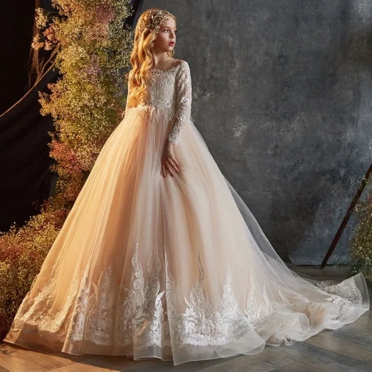 Champagne White Pattern Appliques Long Sleeve For Wedding Birthday Party Banquet Princess Gowns Customized Flower Girl Dresses