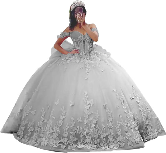 3D Butterfly Quinceanera Dresses Ball Gown Off Shoulder Sweet 15 16 Dresses Sparkly Tulle Beaded Party Gown party dress