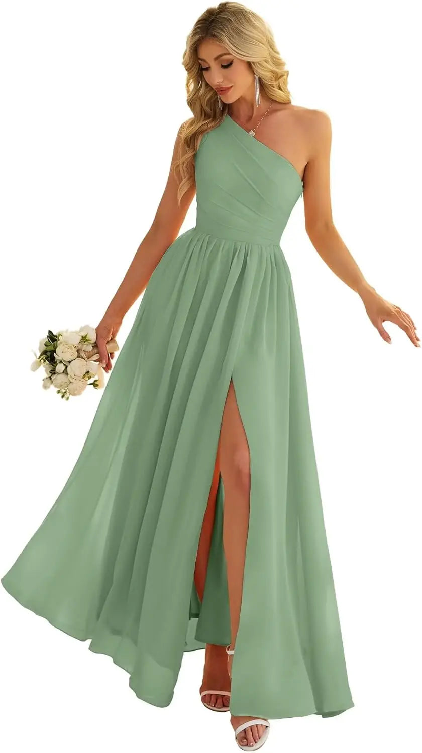 Women's One Shoulder Bridesmaid Dresses for Wedding Chiffon Side Split Reched Formal Evening Dress Sleeveless