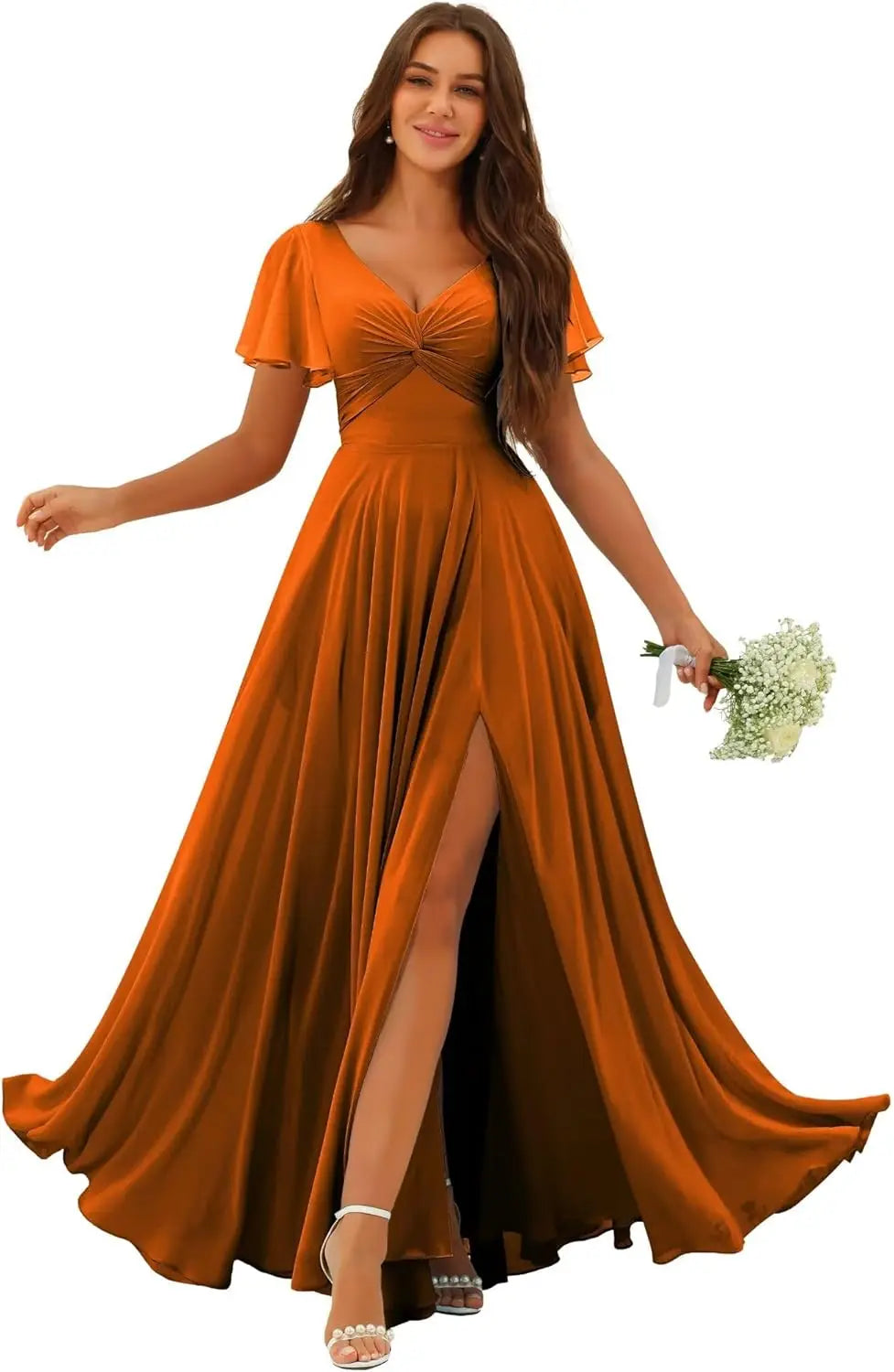 Custom Made Flutter Sleeves Split Bridesmaid Dresses with Slit Long V Neck Empire Waist Formal Evening Dress for Women Wedding