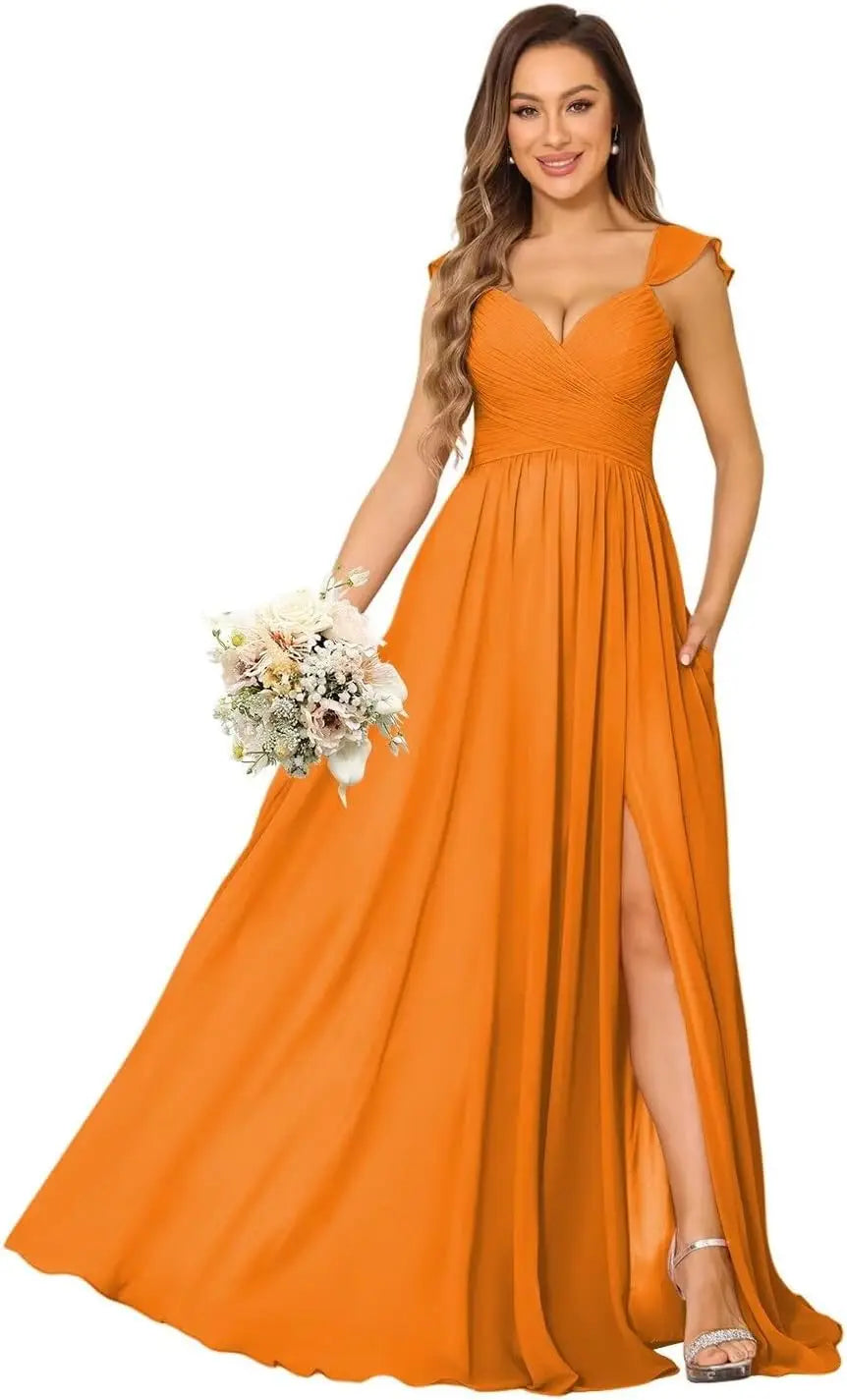 Women's Cap Sleeves Chiffon Bridesmaid Dresses Long with Pockets Ruffle Formal Evening Dresses with Slit Wedding Party Gowns