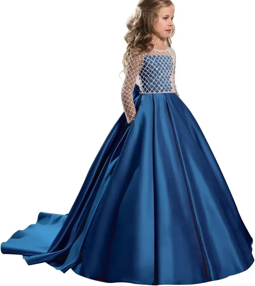 Ball With Bow Satin Floor Length Girl Kids Birthday Party First Holy Communion Gowns Elegant Flower Girl Dresses for Wedding