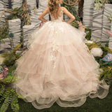 Tüll Prinzessin Ärmellose Festzugskleider Lange Spitze Applique Blumenmädchen Kleid Kinder Geburtstagsparty Ballkleid Festzugskleider 