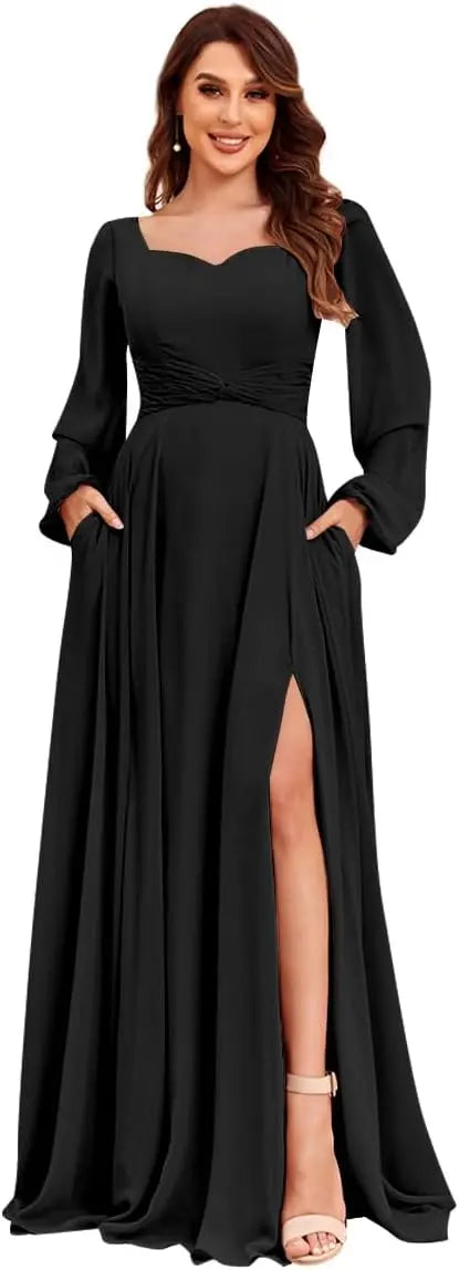 Damen Langarm Brautjungfernkleider mit Taschen Split Plissee Chiffon Formales Abendkleid Partykleid formelles Kleid Frauen elegant 