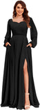 Damen Langarm Brautjungfernkleider mit Taschen Split Plissee Chiffon Formales Abendkleid Partykleid formelles Kleid Frauen elegant 