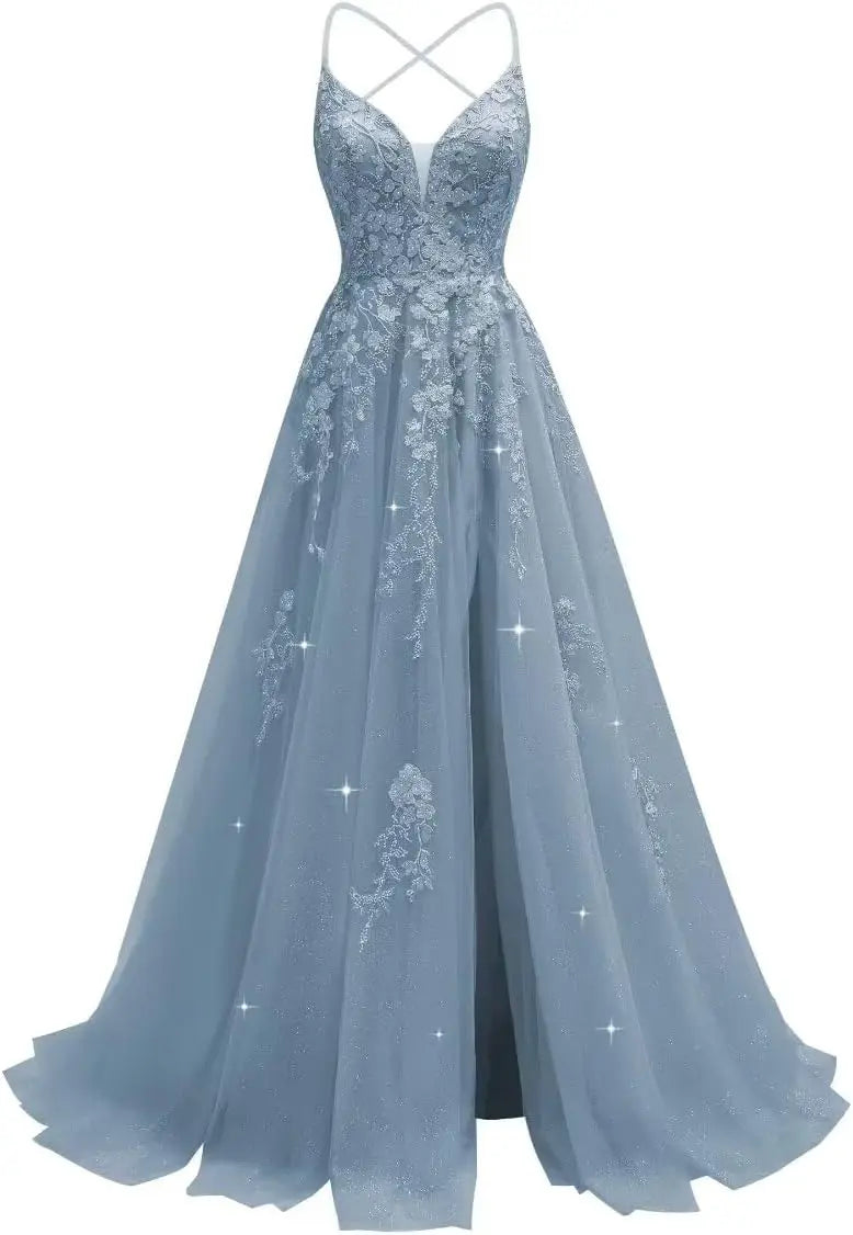 Tüll-Spitzen-Applikationen, Ballkleid, langes Ballkleid für Damen, Spaghettiträger, Korsett, rückenfreies Abendkleid 