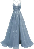 Tüll-Spitzen-Applikationen, Ballkleid, langes Ballkleid für Damen, Spaghettiträger, Korsett, rückenfreies Abendkleid 