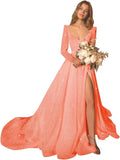 Glitter Prom Dresses Simple Long Sleeve Wedding Dresses for Bride A Line Princess Ball Gown with Slit simple wedding dress