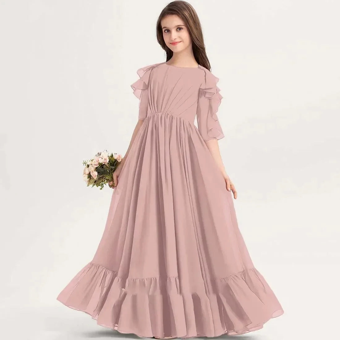 Rüschen Bodenlangen Elegante Puffy Mädchen Kinder Geburtstag Party Schöne Erstkommunion Kleider Rosa Blumenmädchen Kleider für Hochzeit 