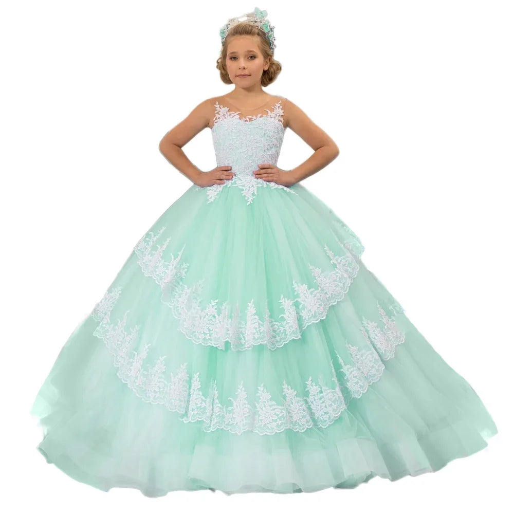 Vestido de princesa para banquete de fiesta de cumpleaños, personalizado, para niña de las flores, con apliques de encaje azul cielo y blanco, escalonado, sin mangas, para boda 