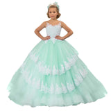 Vestido de princesa para banquete de fiesta de cumpleaños, personalizado, para niña de las flores, con apliques de encaje azul cielo y blanco, escalonado, sin mangas, para boda 