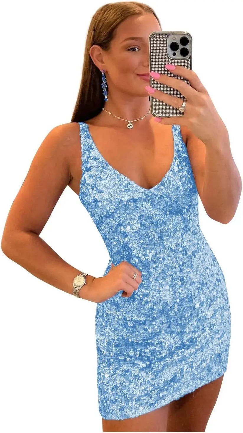 Kurze Pailletten-Heimkehrkleider für Teenager 2025 V-Ausschnitt funkelndes formelles Abschlussball-Partykleid Cocktailkleider Abschlussballkleider 