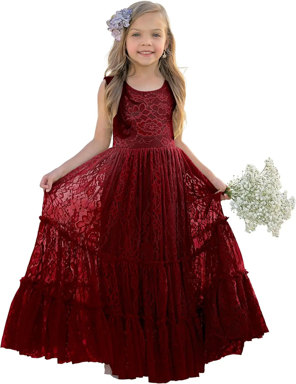 Blumenmädchenkleid Spitze Boho Kleinkindkleider Rüschen Mädchenkleid für Hochzeit Gartenparty Urlaub Kommunion Ärmellos Prinzessin 