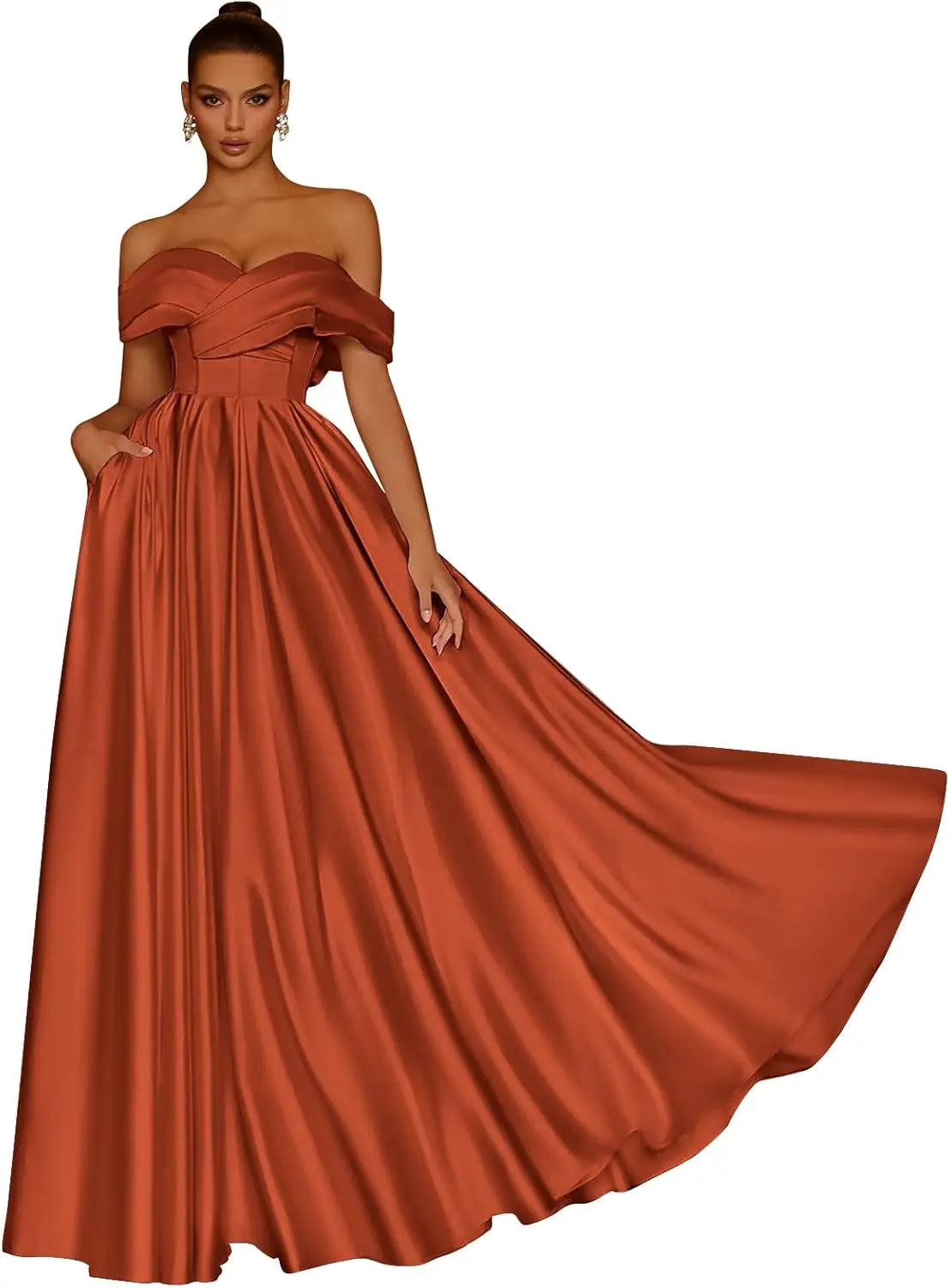 Damen Schulterfreies Satin-Ballkleid, lang, V-Ausschnitt, A-Linie, formelles Abendkleid mit Taschen, Ballkleid 