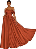 Damen Schulterfreies Satin-Ballkleid, lang, V-Ausschnitt, A-Linie, formelles Abendkleid mit Taschen, Ballkleid 